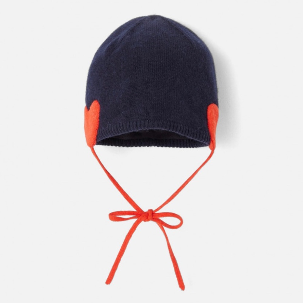 Jacadi Baby Girls Navy Knitted Winter Hat with Red Heart Ear Flaps - Size 6M